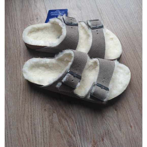 Birkenstock Arizona Stone Grey Fur Shearling Suede Sandals - Picture 7 of 14